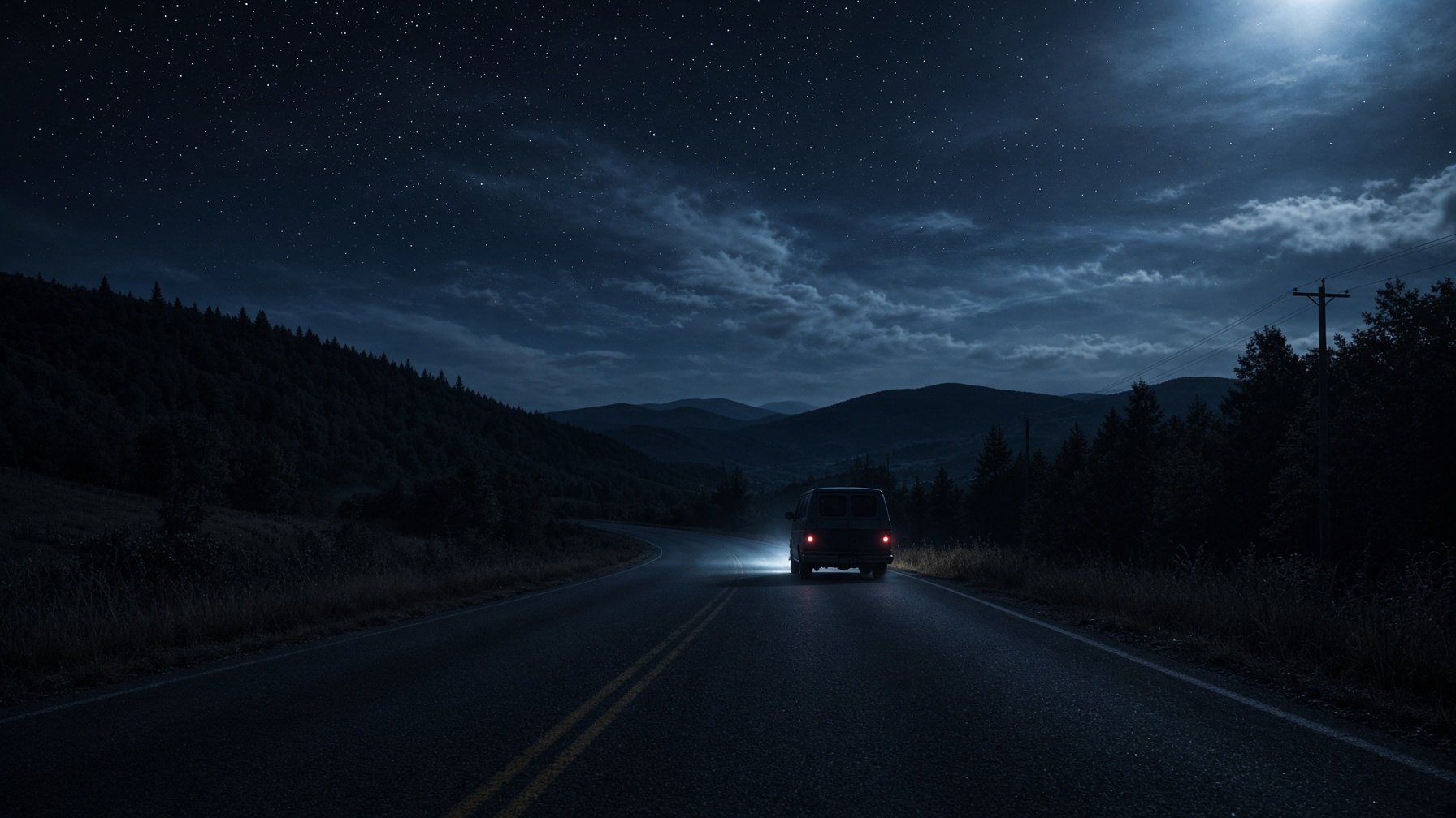 Tour van on a mountain road at night